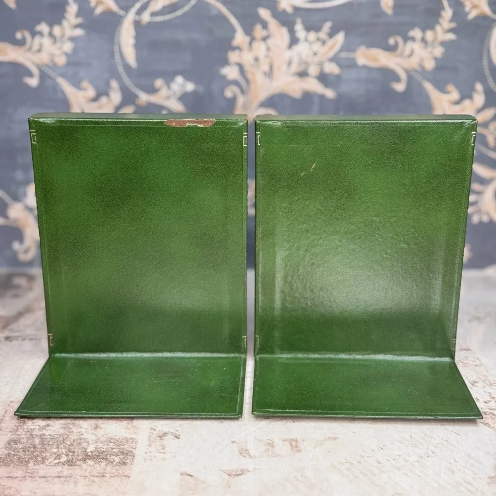 Vintage Green Bookends Faux Leather Greek Key Decor Set of 2